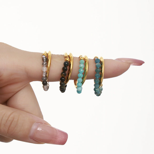 Wholesale Women's Double Layer Natural Stone Beaded Ring 316L Stainless Steel 18K Gold Plated Geometric Style