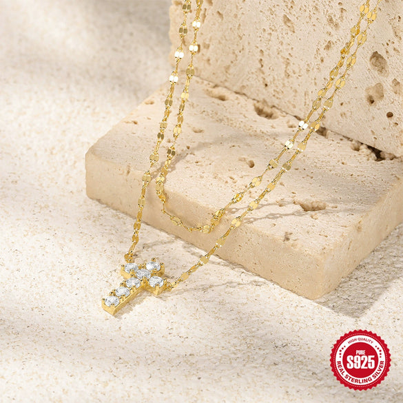 Wholesale Women's Double Layer Overlapped Cross And Diamondencrusted Double Tile Chain Necklace In S925 Sterling Silver With Electroplating