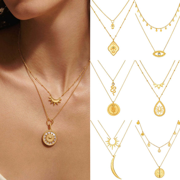 Wholesale Women's Double Layer Overlapping Sun Moon Devil's Eye Snake Necklace In Titanium Steel With Geometric Pattern And 18K True Gold Color Electroplated Finish