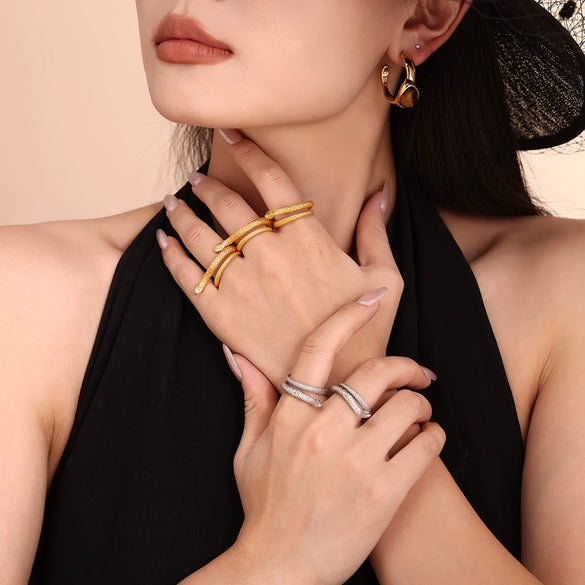 Wholesale Women's Double Layer Snake Ring 316L Stainless Steel 18K Gold Plated Geometric Animal Zodiac Hand Jewelry