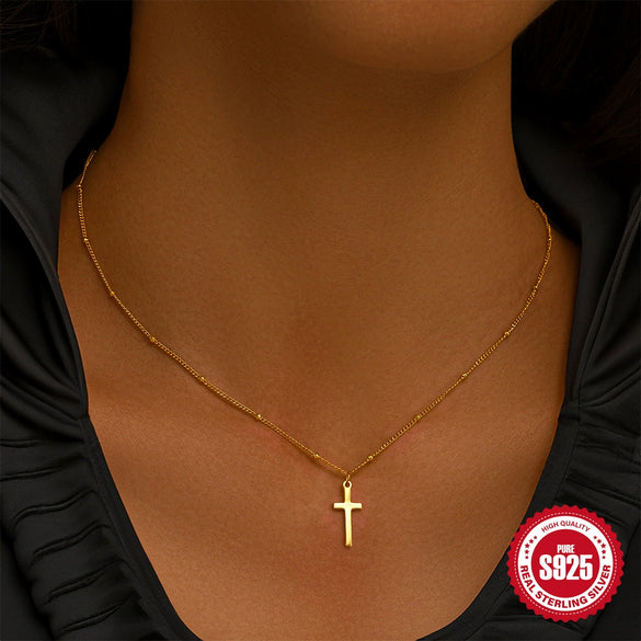 Wholesale Women's Double Layer Stacked Cross And Diamond Encrusted Double Pad Chain Necklace In S925 Sterling Silver With Electroplating