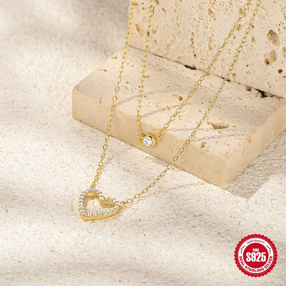 Wholesale Women's Double Layer Stacked S925 Sterling Silver Love Heart Pattern O Chain Necklace With Electroplating