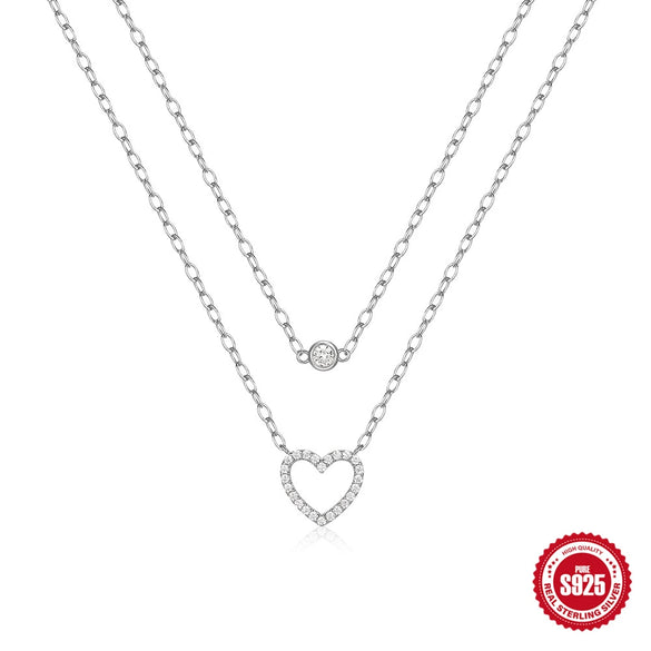 Wholesale Women's Double Layer Stacked S925 Sterling Silver Love Heart Pattern O Chain Necklace With Electroplating