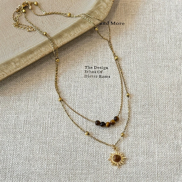 Wholesale Women's Double Layer Sunflower Tiger's Eye Necklace Handmade Light Luxury Clavicle Chain