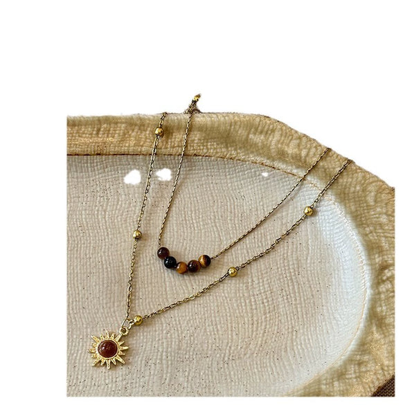 Wholesale Women's Double Layer Sunflower Tiger's Eye Necklace Handmade Light Luxury Clavicle Chain