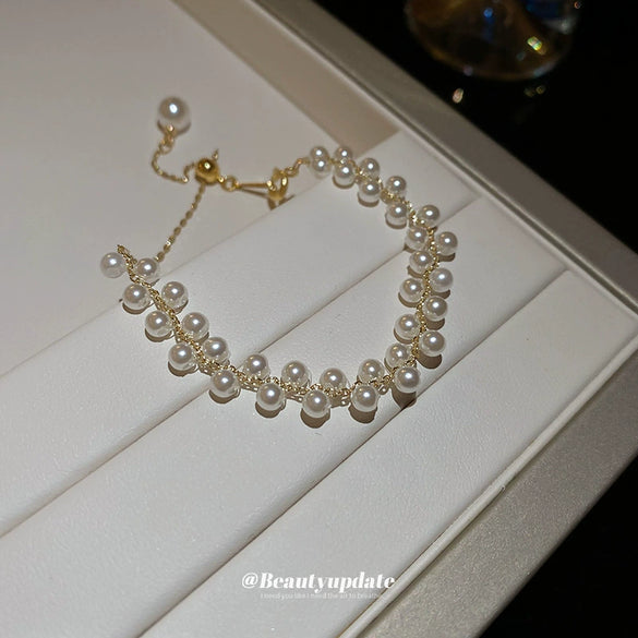 Wholesale Women's Double Row Imitation Pearl Handmade Geometric Woven Light Luxury Fashion Exquisite Bracelet