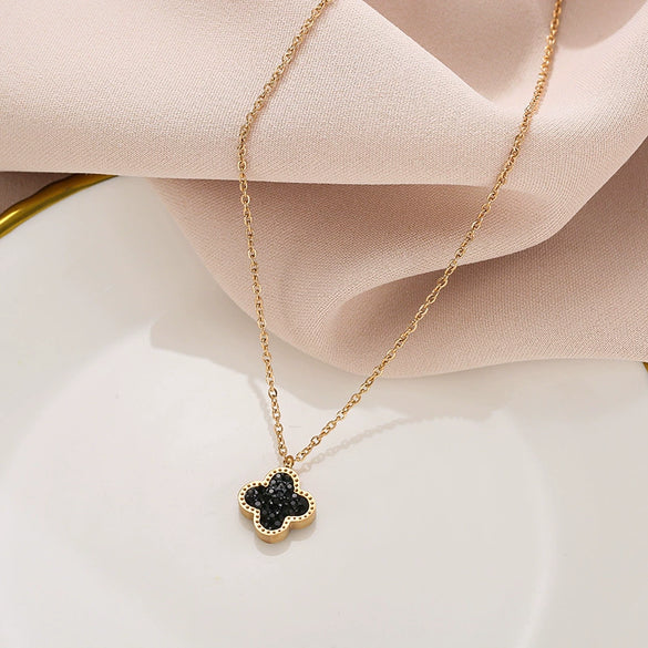 Wholesale Women's Double Sided Four Leaf Clover Necklace In Titanium Steel With 18K Rose Gold And Full Diamond