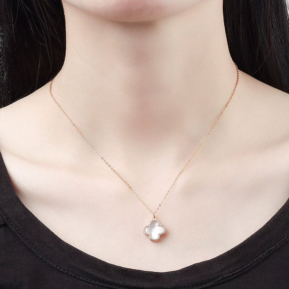 Wholesale Women's Double Sided Four Leaf White Fritillary 925 Sterling Silver Necklace With 18K Rose Gold Electroplated Finish