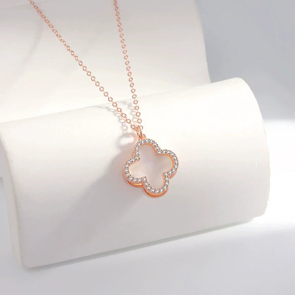Wholesale Women's Double Sided Four Leaf White Fritillary 925 Sterling Silver Necklace With 18K Rose Gold Electroplated Finish