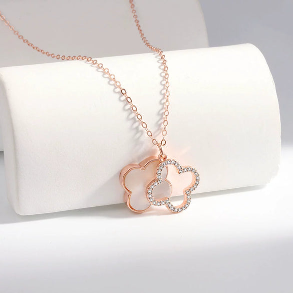 Wholesale Women's Double Sided Four Leaf White Fritillary 925 Sterling Silver Necklace With 18K Rose Gold Electroplated Finish