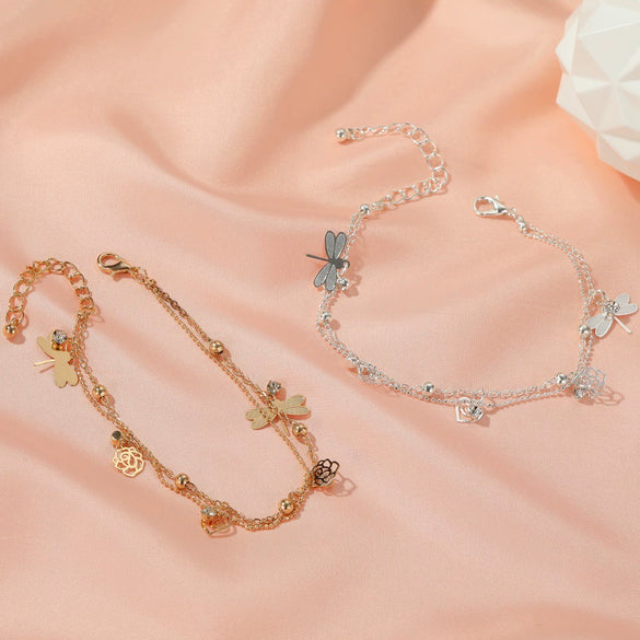Wholesale Women's Doublelayer Anklet Copper With Flowers And Dragonfly Design