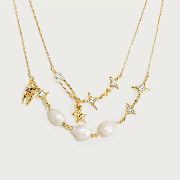 Wholesale Women's Doublelayer Asymmetrical Pearl Light Zircon Necklace With Geometric Pattern Copper Chain And Titanium Steel Pendant Electroplated In 18K Gold Color Preservation