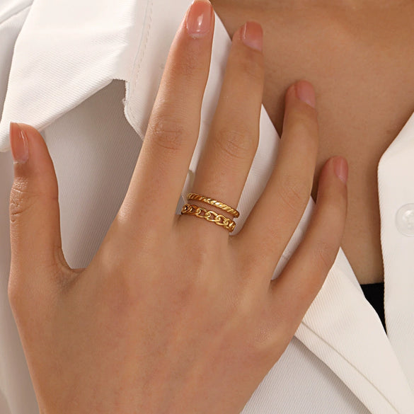 Wholesale Women's Doublelayer Chain Opening Adjustable Geometric Stainless Steel 18K Goldplated Ring