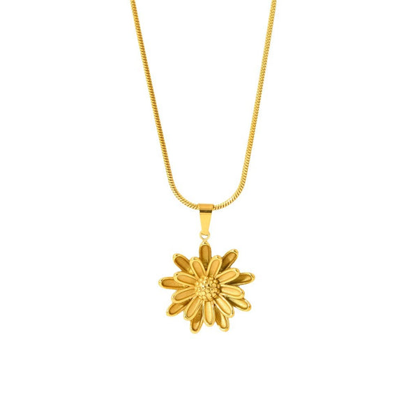 Wholesale Women's Doublelayer Daisy Flower Pendant Stainless Steel And Titanium Steel Necklace With Snake Bone Chain 18K Gold Electroplated