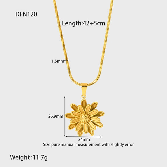 Wholesale Women's Doublelayer Daisy Flower Pendant Stainless Steel And Titanium Steel Necklace With Snake Bone Chain 18K Gold Electroplated