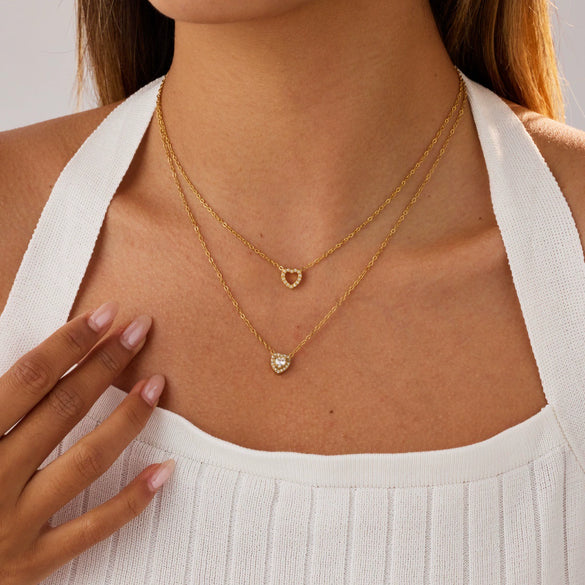 Wholesale Women's Doublelayer Geometric Heart Stainless Steel Zircon Necklace 18K Gold Plated