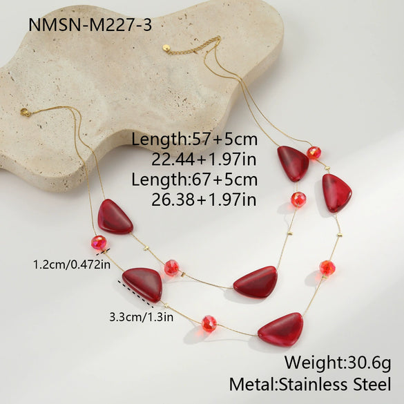 Wholesale Women's Doublelayer Geometric Resin And 18K Gold Electroplated Heart Crystal Sweater Necklace