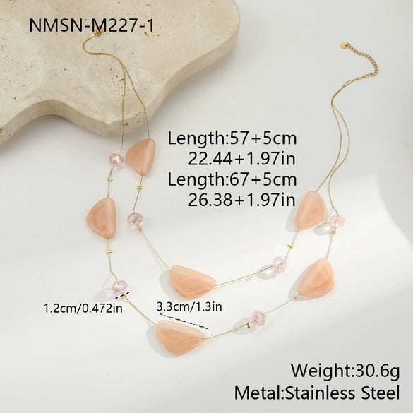 Wholesale Women's Doublelayer Geometric Resin And 18K Gold Electroplated Heart Crystal Sweater Necklace
