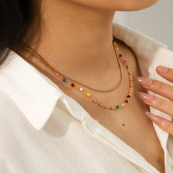 Wholesale Women's Doublelayer Geometric Stainless Steel Electroplated Necklace With Snake And Beaded Chains