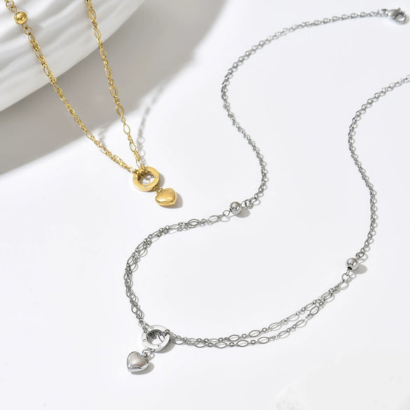 Wholesale Women's Doublelayer Heart Pendant Stainless Steel Goldplated Necklace With Vacuum Plating In The Furnace Minimalist Style