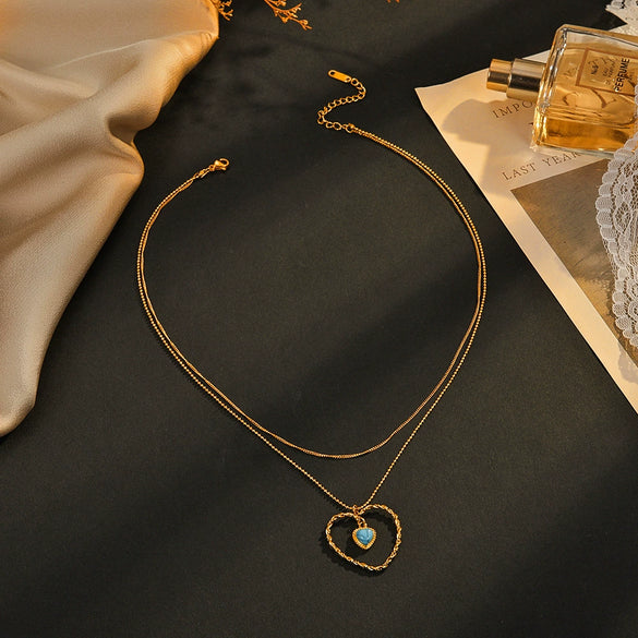 Wholesale Women's Doublelayer Heartshaped Ball Chain Stainless Steel And Titanium Steel Necklace With Geometric Pattern And Electroplated Design