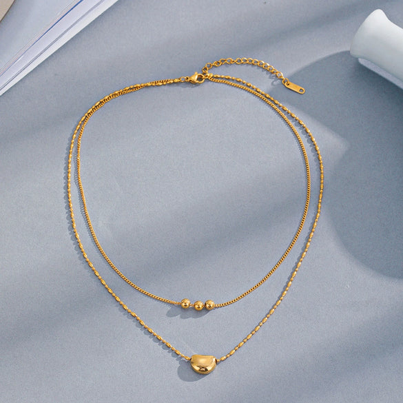Wholesale Women's Doublelayer Moon Pendant Necklace With 3 Round Beads Geometric Design 18K Goldplated Stainless Steel And Titanium Steel Oshaped Chain