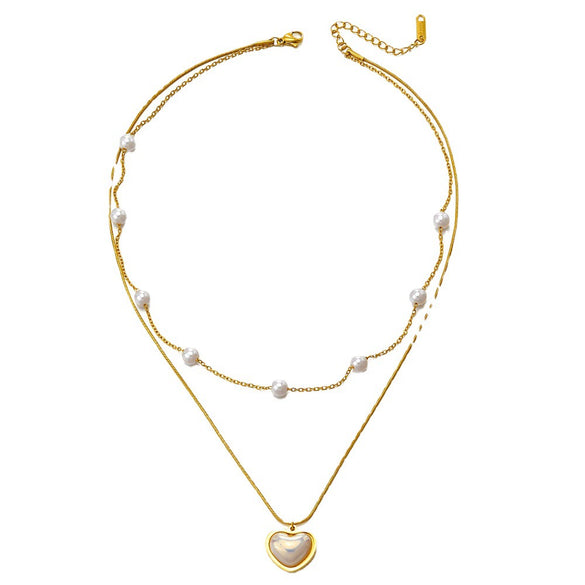 Wholesale Women's Doublelayer Pearl Stainless Steel 18K Gold Plated Heartshaped Necklace