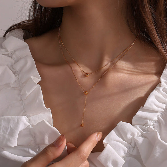 Wholesale Women's Doublelayer Stacked Round Bead 316L Stainless Steel Necklace With Electroplating New Minimalist Fashion Style