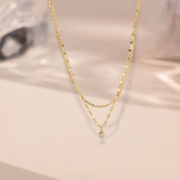 Wholesale Women's Doublelayer Ultrashiny Single Diamond Titanium Steel Drop Shape Electroplated Water Wave Chain Necklace Fashion Simple Minimalist Accessory