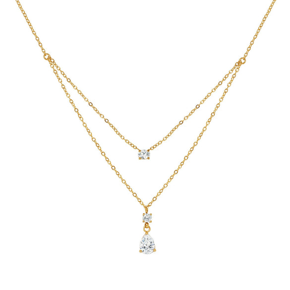 Wholesale Women's Doublelayer Water Drop Zircon Necklace With Geometric Shape And Flash O Chain Vacuum Electroplated In Furnace