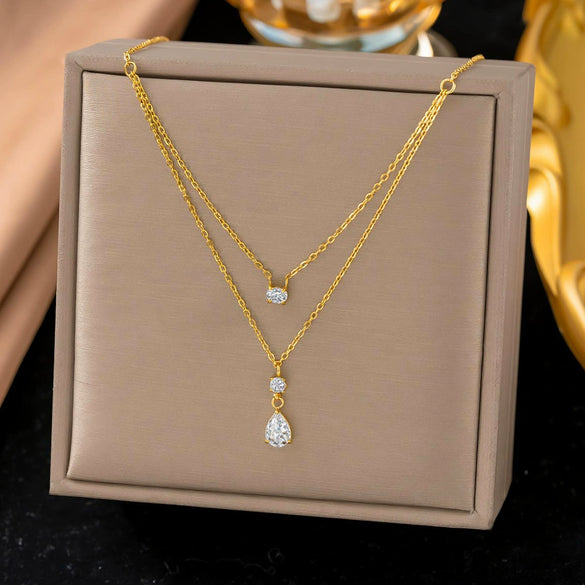Wholesale Women's Doublelayer Water Drop Zircon Necklace With Geometric Shape And Flash O Chain Vacuum Electroplated In Furnace