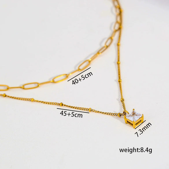 Wholesale Women's Doublelayered Adjustable Clavicle Gold Electroplated Stainless Steel Threedimensional Square Diamond Pendant Cross Chain Necklace With Niche Ins Geometric Design