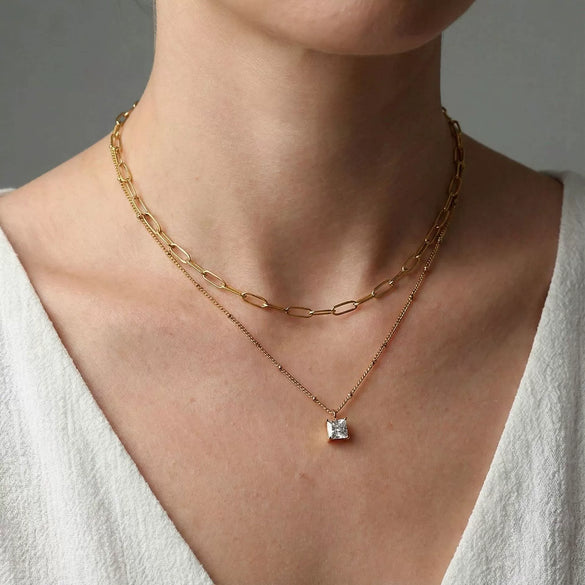 Wholesale Women's Doublelayered Adjustable Clavicle Gold Electroplated Stainless Steel Threedimensional Square Diamond Pendant Cross Chain Necklace With Niche Ins Geometric Design