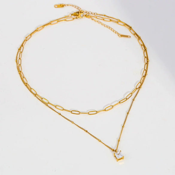 Wholesale Women's Doublelayered Adjustable Clavicle Gold Electroplated Stainless Steel Threedimensional Square Diamond Pendant Cross Chain Necklace With Niche Ins Geometric Design