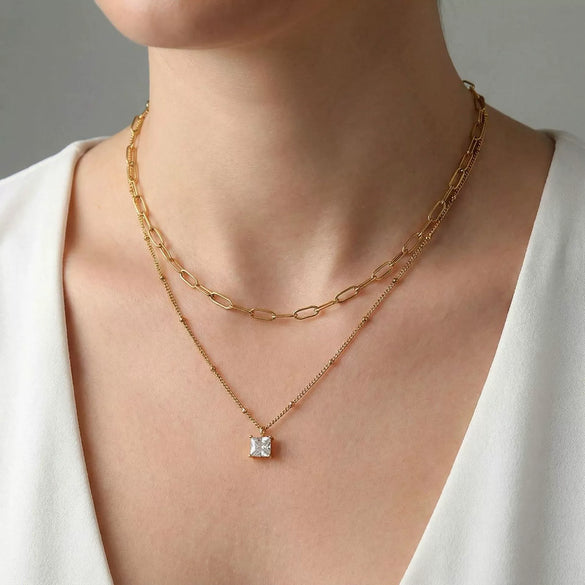 Wholesale Women's Doublelayered Adjustable Clavicle Gold Electroplated Stainless Steel Threedimensional Square Diamond Pendant Cross Chain Necklace With Niche Ins Geometric Design