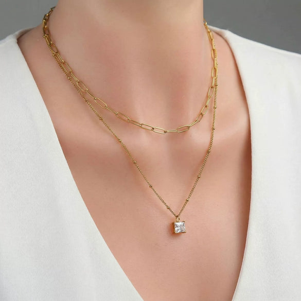 Wholesale Women's Doublelayered Adjustable Clavicle Gold Electroplated Stainless Steel Threedimensional Square Diamond Pendant Cross Chain Necklace With Niche Ins Geometric Design