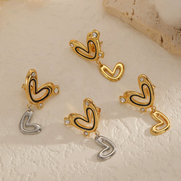 Wholesale Women's Doublelayered Heartshaped Stainless Steel Earrings With Pvd Furnace Vacuum Real Gold Plating