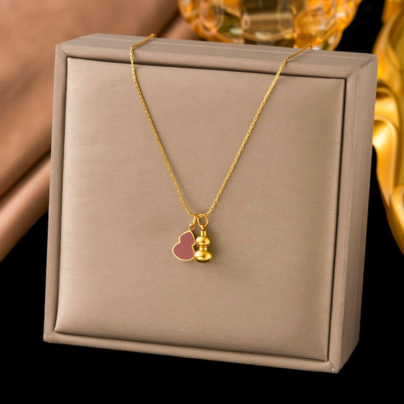 Wholesale Women's Doublelayered Long Necklace With Heart Shape Titanium Steel Pendant Real Gold Plated In The Furnace Oshaped Chain