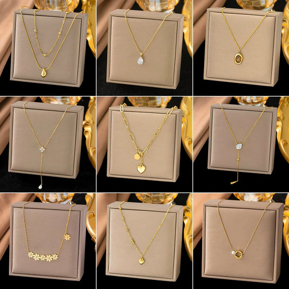 Wholesale Women's Doublelayered Long Necklace With Heart Shape Titanium Steel Pendant Real Gold Plated In The Furnace Oshaped Chain