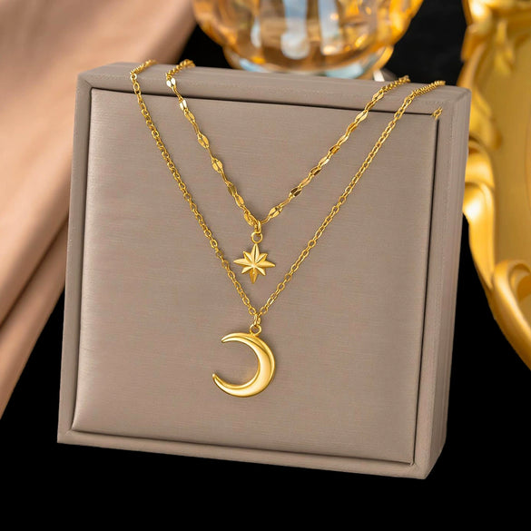 Wholesale Women's Doublelayered Long Necklace With Heart Shape Titanium Steel Pendant Real Gold Plated In The Furnace Oshaped Chain
