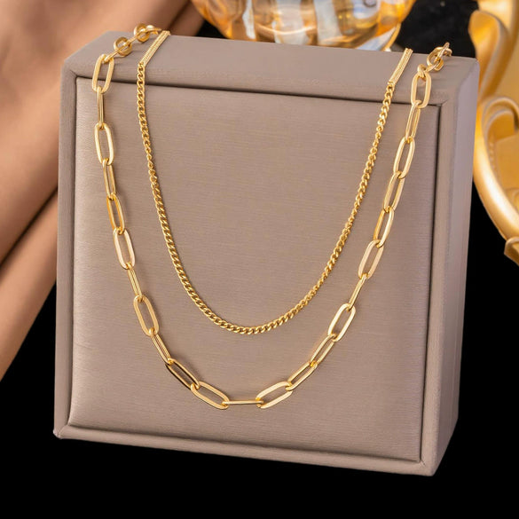 Wholesale Women's Doublelayered Long Necklace With Heart Shape Titanium Steel Pendant Real Gold Plated In The Furnace Oshaped Chain