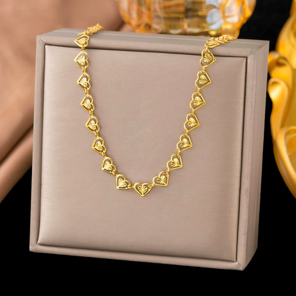 Wholesale Women's Doublelayered Long Necklace With Heart Shape Titanium Steel Pendant Real Gold Plated In The Furnace Oshaped Chain