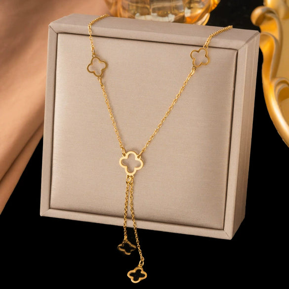 Wholesale Women's Doublelayered Long Necklace With Heart Shape Titanium Steel Pendant Real Gold Plated In The Furnace Oshaped Chain