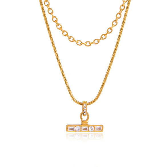Wholesale Women's Doublelayered Tbar Geometric Stainless Steel Necklace With Pvd Furnace Vacuum Real Gold Plating