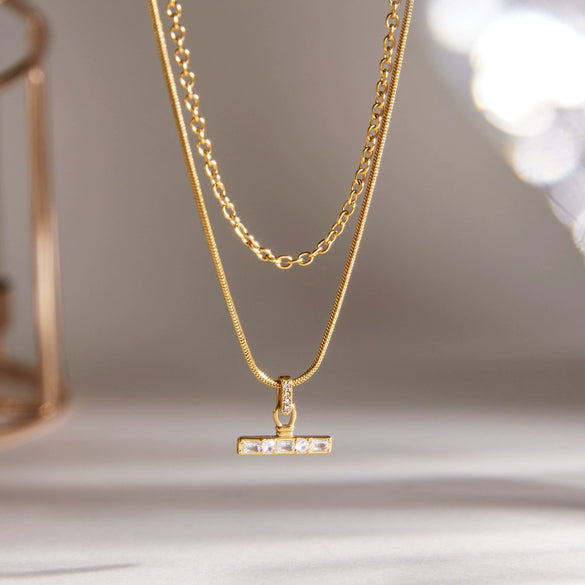 Wholesale Women's Doublelayered Tbar Geometric Stainless Steel Necklace With Pvd Furnace Vacuum Real Gold Plating