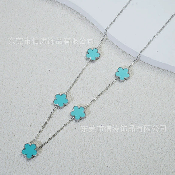 Wholesale Women's Doublesided Clover And Leaf Pendant Collarbone Cross Chain Fashion Simple Versatile Silverplated Titanium Steel Necklace