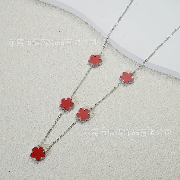 Wholesale Women's Doublesided Clover And Leaf Pendant Collarbone Cross Chain Fashion Simple Versatile Silverplated Titanium Steel Necklace