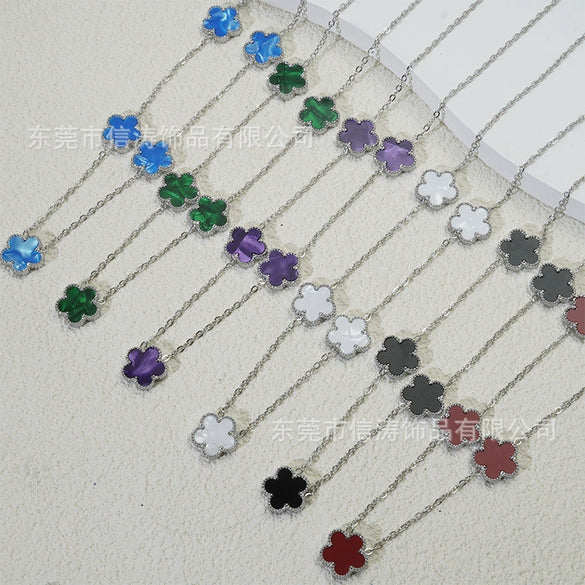 Wholesale Women's Doublesided Clover And Leaf Pendant Collarbone Cross Chain Fashion Simple Versatile Silverplated Titanium Steel Necklace