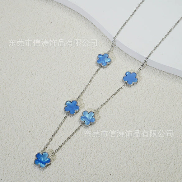 Wholesale Women's Doublesided Clover And Leaf Pendant Collarbone Cross Chain Fashion Simple Versatile Silverplated Titanium Steel Necklace