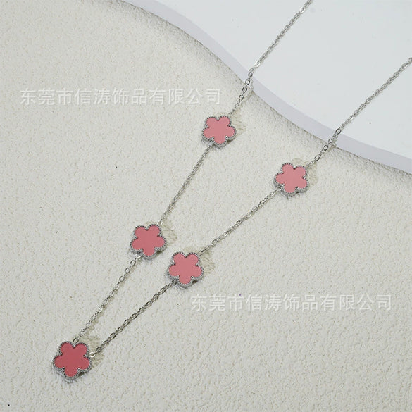 Wholesale Women's Doublesided Clover And Leaf Pendant Collarbone Cross Chain Fashion Simple Versatile Silverplated Titanium Steel Necklace
